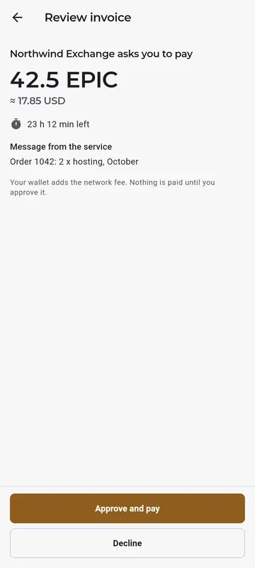Review invoice: Northwind Exchange asks you to pay 42.5 EPIC, with Approve and pay, and Decline.