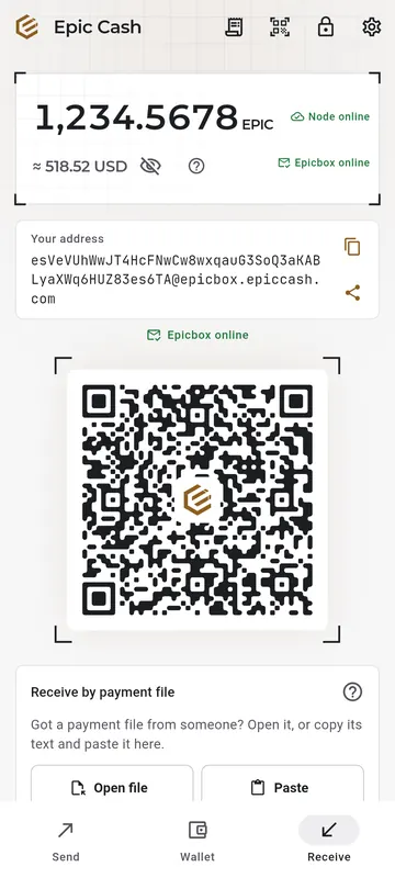 The Receive tab: your Epicbox address with copy and share buttons, its QR code, and receive by payment file.