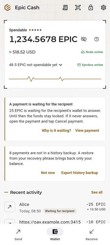 The Wallet tab: a balance of 1,234.5678 EPIC with its value in US dollars, node and Epicbox online, and recent activity.